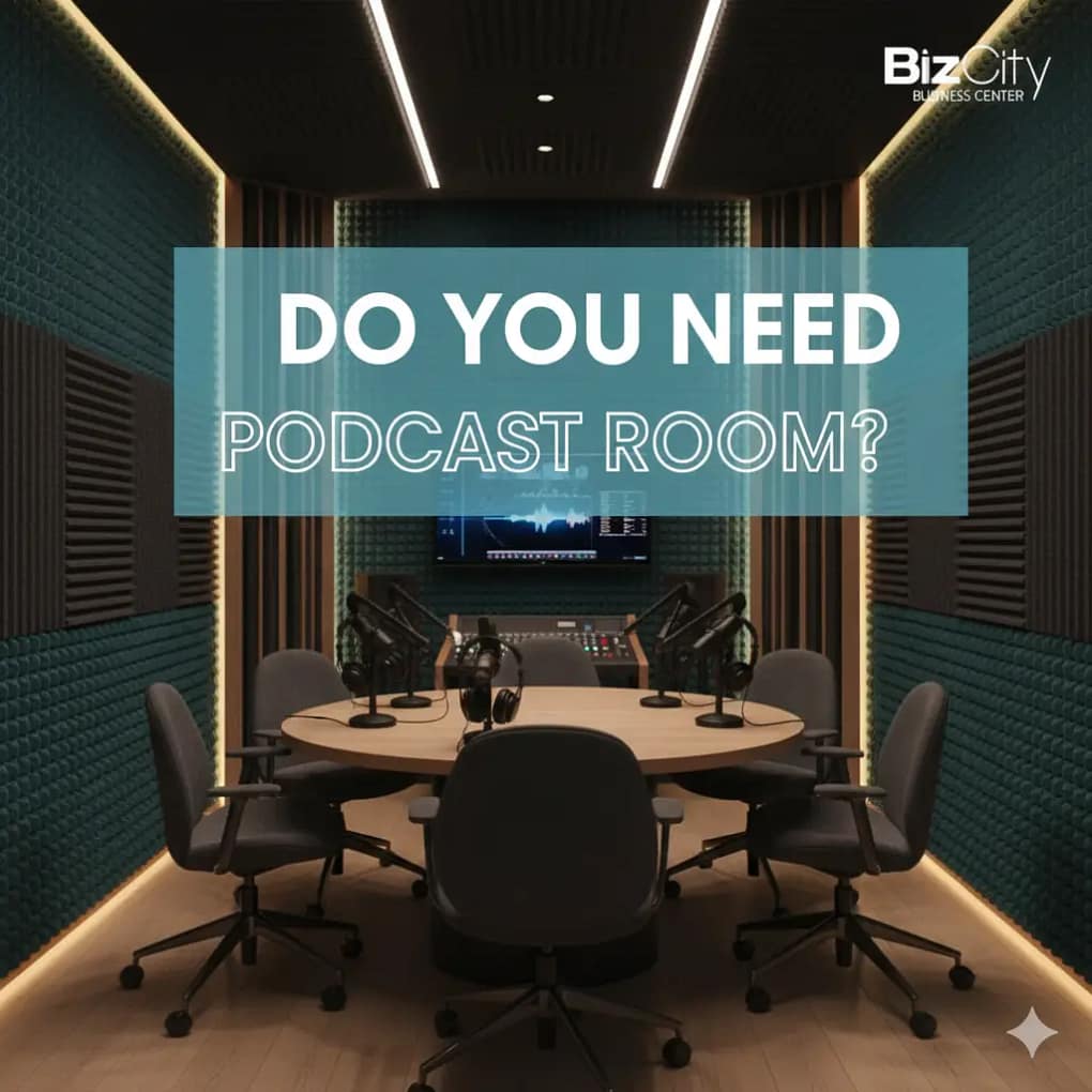Premium podcast room and recording studio in Dubai with professional microphones, sound-treated walls, and comfortable seating at BizCity Group.